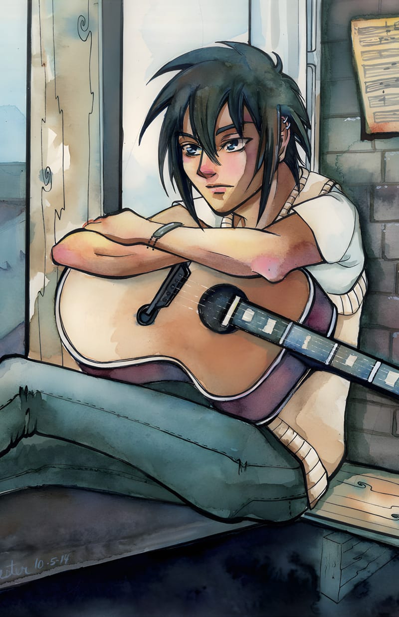 illustration of young man sitting with a guitar