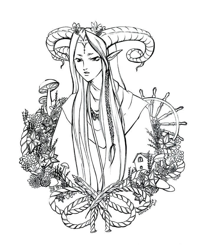 Ink illustration of a character with ram horns, surrounded by ornate nature elements.